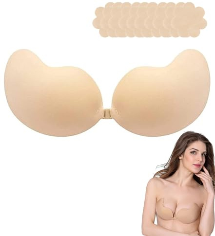 PXSCTD Sticky Bra, Strapless Bras for Women Invisible Stick on Bra Backless with Nipple Covers Adhesive Bras Push up Sticky for Backless Dresses, Wedding, Party Beige