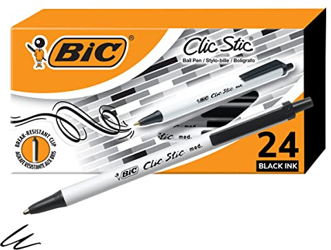 BIC Clic Stic Black Retractable Ballpoint Pens, Medium Point, 24-Count