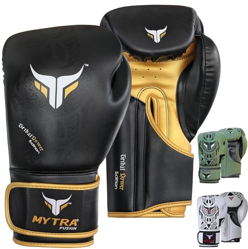 Mytra Fusion guantoni da boxe 10 oz 12 oz 14 oz 16 oz guantoni boxe per l'allenamento di pugni sparring Muay Thai guantoni Uomini e donne guanti boxe (14-oz, Black/Gold)