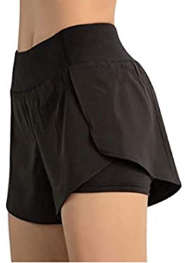Flyself Kvinnor 2-i-1 Sport Shorts Snabbtorkning Resår Korta Byxor Kvinnor för Yoga Fitness Löpning Simning med ficka, Svart, M
