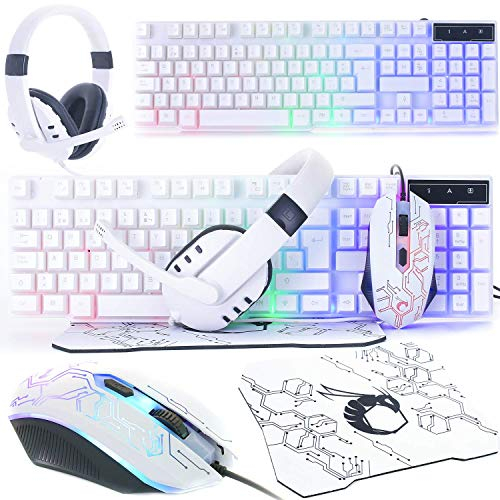 White Gaming Keyboard and Mouse and Gaming Headset & Mouse Pad, Wired LED RGB Backlight Bundle for PC Gamers Users - 4 in 1 White Edition Hornet RX-250