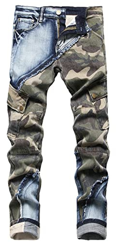 Baylvn Men's Skinny Designer Cotton Camo Denim Patched Jeans with Two Side Pockets,3132 Camouflage,Size 34