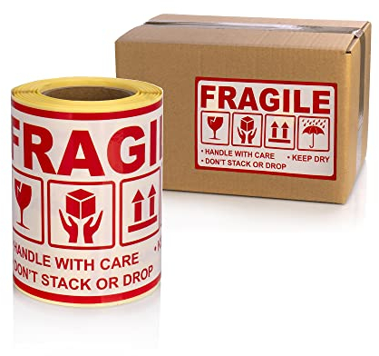 MD Labels Warnetiketten auf rolle 90x150mm- 100 stuck- FRAGILE- handle with care – keep dry – don’t stack or drop- this way up- selbstklebendes Papier- versandetiketten
