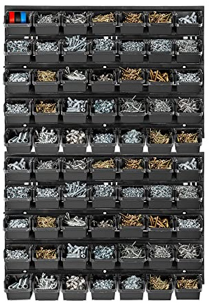 KADAX Verkstadsvägghylla, 58 x 78 cm förvaringssystem av robust plast, UV-resistent verkstadshylla, utbyggbara väggplattor, sorteringshylla för garage (svart, 70 delar)