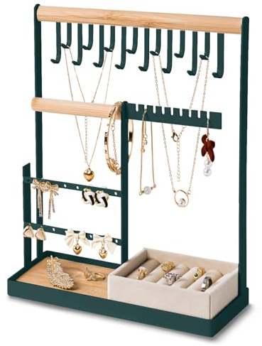 DreamGenius Organizador de joyas con soporte de terciopelo para anillos, organizador de joyas de 4 niveles con 15 ganchos para collares y 16 agujeros para aretes, color verde