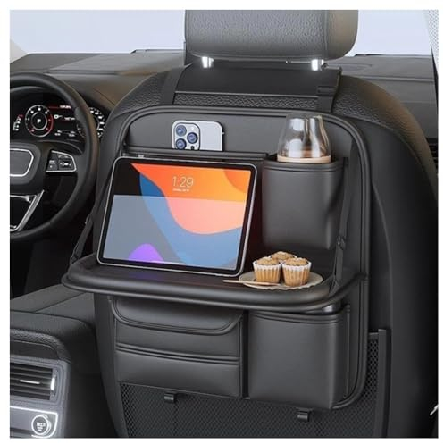 Singring Leather Car Backseat Organizer with Foldable Table Tray, Waterproof Car Seat Back Protectors Kick Mats, Foldable Car Table for Backseat Headrest with Pockets