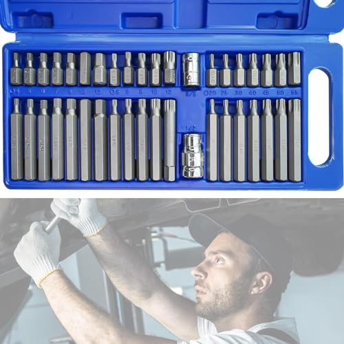 QZQUFJ 40 Stück Torx Nuss Set Vielzahn Nuss Satz 1/2,Bohrer-Set, Nuss Satz, Torx Bit-Set mit 1/2-Zoll 3/8-Zoll-Laufwerksadapter, Imbusschlüssel Satz Nuss, mit Blauer Tragetasche