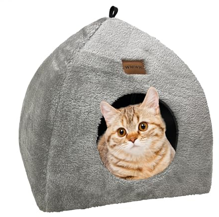 Whiwhi Katzenhöhle für Drinnen Katzenzelt mit Waschbarem Plüschkissen Weiches und Flauschiges Katzenhaus Klappbar Katzenbett Höhle 33x33x35cm