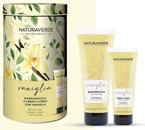 NATURAVERDE | Gift Set Sensoriale Vaniglia - Bagnoschiuma 200ml + Crema Corpo 100ml + Scatola Cilindro di Latta - Set Lussuoso per un'Esperienza di Cura della Pelle