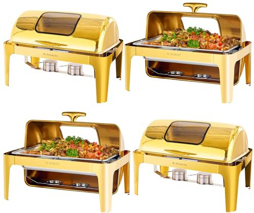 Roomark 4Pcs Calentador Buffet Chafing Dish Set 9L, Calentadores de Alimentos de Acero Inoxidable,Calentador de Comida para Buffet, Servidor de Buffet para Bodas,Catering y Fiestas, Oro