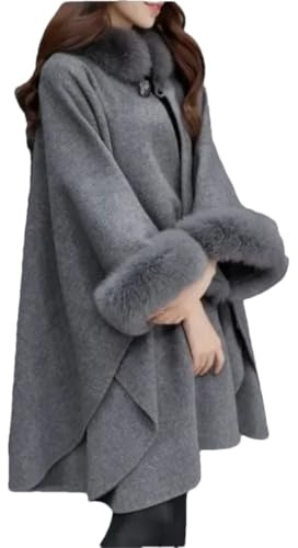 Mantello Caldo Da Donna Con Fibbia In Corno Poncho Di Lana Mantelle Con Maniche In Pelliccia Sintetica Cappotto Lungo Cappa Allentato Dark gray9 M