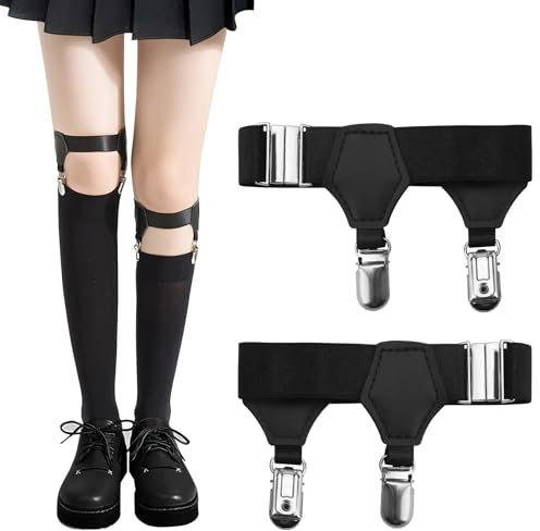 HENGBIRD 1 Par Ligas de Calcetines Ajustable, Soporte para Calcetines con 2 Clips, Liga Elástica para Hombres y Mujeres, Calcetines Ligas para Trajes Oficinas y Gothic Punk