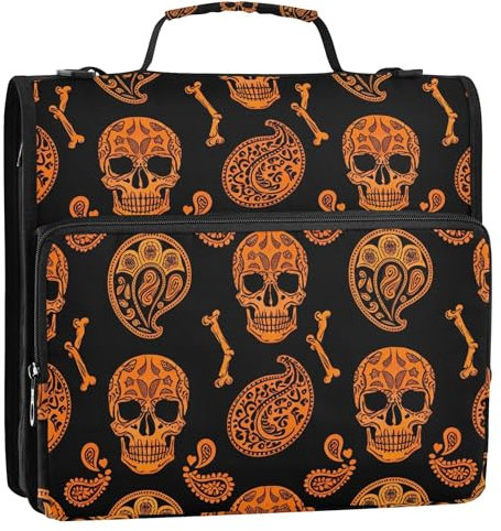 1.5 Inch 3 Ring Binders Heavy Duty Orange Skulls Bones Black Binder Zipper Organizer School Binders Bag with Shoulder Strap Funny Storage Portfolio Case with Handle