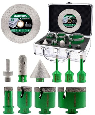 Punte Diamantate Gres Porcellanato 11 Pezzi - KURSTOL 6/6/8/20/35/50/68mm+20mm Fresa+50mm Punte Smusso+125mm Disco Diamantato+Adattatore per Porcellana Piastrelle Ceramica Marmo Granito