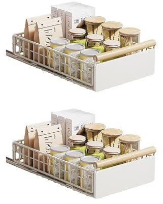 Pull Out Cabinet Organiser, 2PCS pull out kitchen storage Foldable, 23.5*11*39.5~56.5cm, Kitchen Cupboard Organiser with Handle, Adjustable Drawers, Slide Out Drawers for Kitchen Cabinets, White