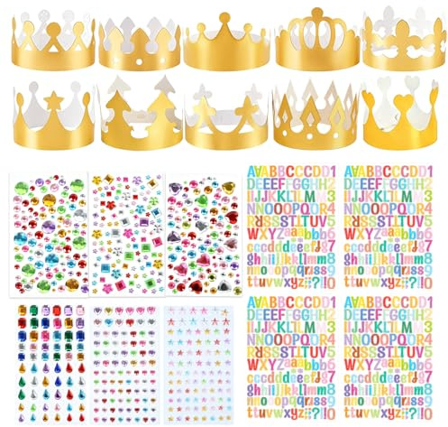 CATELL 30 Pcs Corone di Carta D'oro, 20 Pcs Regolabile Corona di Carta per Feste con 6 Pcs Strass Adesivi Autoadesivi e 4 Pcs Adesivi Alfanumerici per Adulti Bambini Feste di Compleanno (10 Stili)