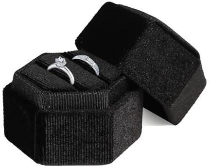 QarulG Velvet Ring Box Hexagon Double Slots Jewelry Ring Vintage for Valentine Gift Proposal Engagement Wedding Holding 2 Rings Case Boxes Ceremony Gifts Holder with Detachable Lid Black
