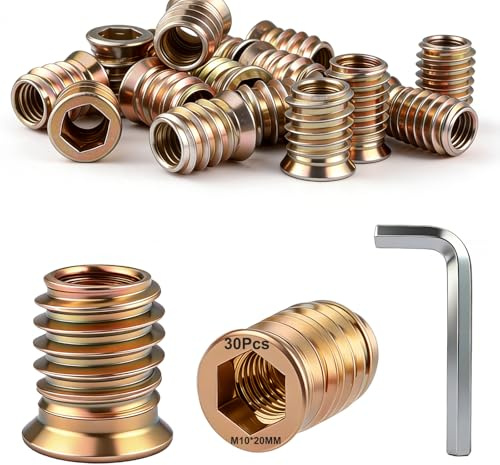 Dshunnc 30 stycken skruvmuttrar M10 x 20 mm gänginsats trä, rampamuff M10, galvaniserade sexkantiga skruvmuttrar för trämöbler, hyllor, arbetsbänkar, trädgårdsmöbler