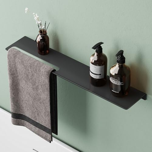 Mai & Mai Mensola da Parete Multifunzionale 60cm, Mensola per Doccia in Alluminio con Portasciugamani Mensola da Appendere per Bagno e Cucina, Nero Opaco, Reglo-06
