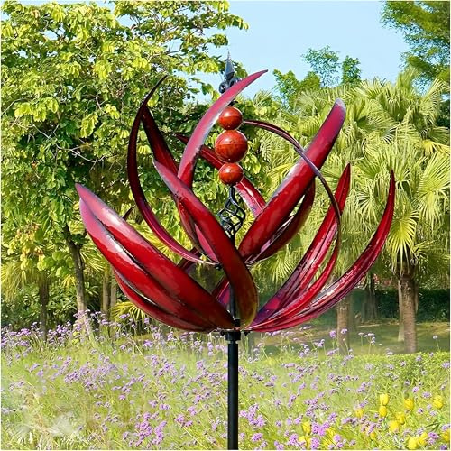 Metall Windrad für Garten, Windrad Garten Lotus Windspiel Windmühle Wetterfest Und Standfest Wind Spinner Metall Windräder Mit Besten Kugellagern, Für Als Dekoration, Höhe 90 cm (rot)