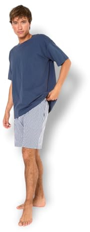 TRAMAS+ Pijama Hombre Verano 100% Algodón, Conjunto de Camiseta de Manga Corta y Pantalón Corto, Ropa de Dormir Fresca y Cómoda - L, Raya kodac, Azul Marino