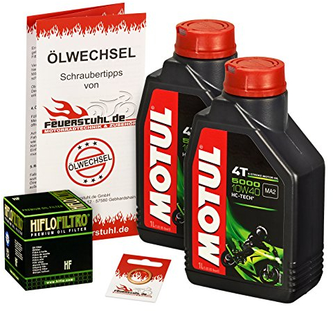 Motul 10W-40 Öl + HiFlo Ölfilter für Kawasaki BN 125 Eliminator, 98-07, BN125A - Ölwechselset inkl. Motoröl, Filter, Dichtring