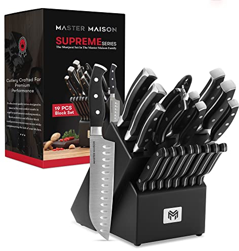 19-teiliges Premium Küchenmesser-Set mit Holzblock | Master Maison Besteck aus deutschem Edelstahl mit Messerschärfer und 8 Steakmessern