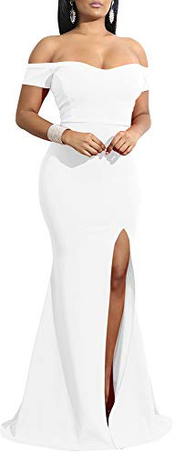 YMDUCH Robe de soirée Longue à épaules dénudées pour Femme, Blanc, Taille XL