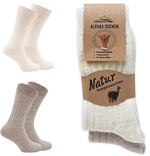 MOUNTREX Alpaka Socken, Wollsocken für Damen, Herren - Wintersocken, Kuschelsocken - 2 Paar, Ecru/Beige (Dünn), 39-42