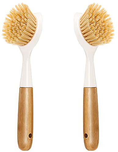 Lot de 2 brosses à Vaisselle de Cuisine avec Manche en Bambou - Grattoir intégré - Brosse à récurer pour poêles, casseroles, éviers de Cuisine, Vaisselle et Nettoyage Parfaits - Blanc