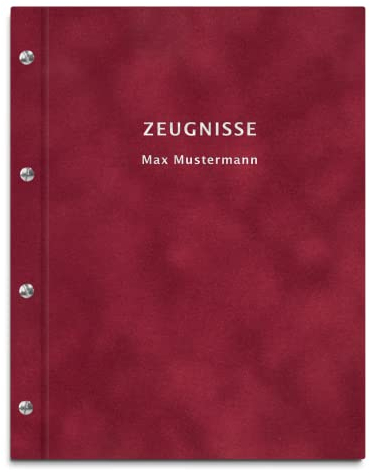 Personalisierte Zeugnismappe in roter Samtoptik – 2-zeiliger Wunschtext als Prägung – 12 Hüllen für DIN-A4 Dokumente