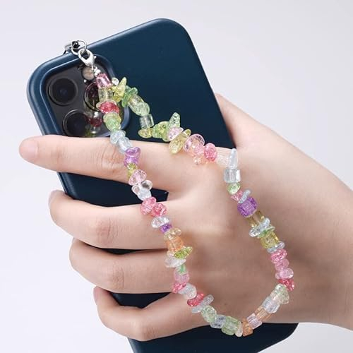PTNKUIIY Handykette Bunt Handyanhänger, Gradient Natürlicher Kristallstein Kies Handykette Perlen Kette Telefon Lanyard Handy Charm Telefonkette Handyschmuck Handschlaufe Anhänger Kette Für Frauen