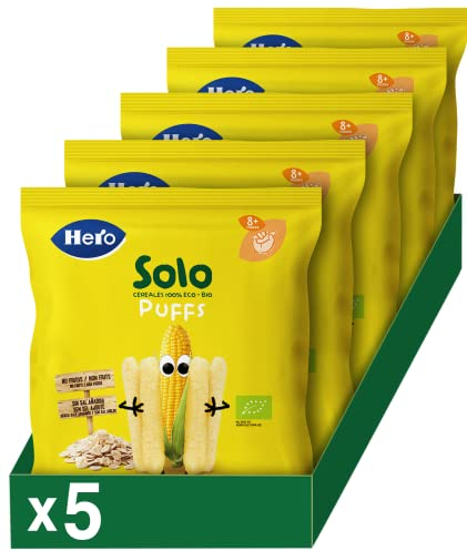 Hero Solo - Snack de Maïs et Avoine, 100% ECO, Sans Sucre et Ajouté, Sans Gluten et Additifs, Origine Naturalle, Produit Écologique, Convient aux Bébés à partir de 8 Mois - Pack de 5x25gr