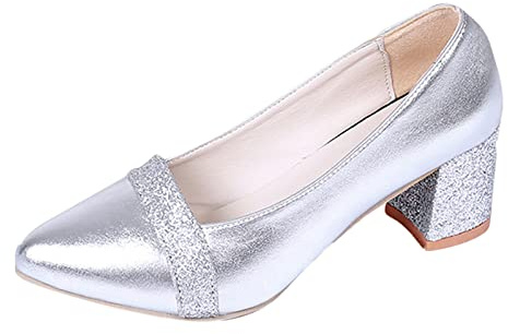 Woaikeyu Moda Otoño Mujeres Casual Zapatos Tacón Grueso Talón Medio Puntera Colorblock Lentejuelas Botas Altas Marrón para con Tacón, plata, 41 EU
