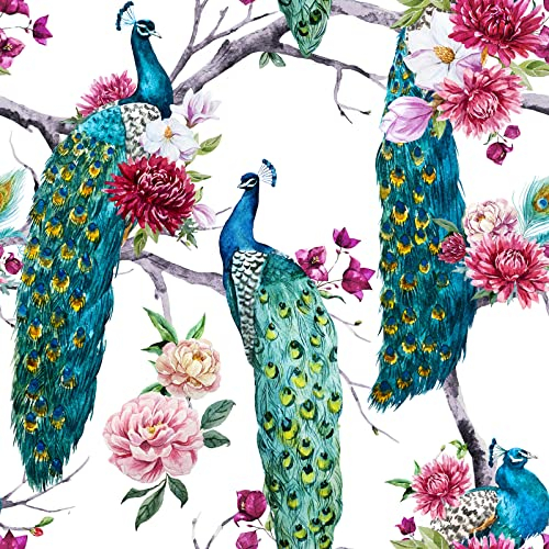 ReWallpaper Vintage Peel and Stick Peacock Wallpaper Blue/Green/Teal Flower Tree Lining Paper for Walls 44.5cm x 3m Sticky Back Plastic Patterned Self Adhesive Wallpaper for Bathroom Bedroom