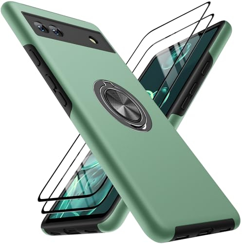KOVASIA für Google Pixel 6A Hülle, Militärische Stoßfeste Handyhülle Pixel 6A 5G 6,1 Inch, TPU Flexibler Rahmen + Harte PC Rückseite, 360°Magnetischer Drehbarer Ständer (Dunkelgrün)