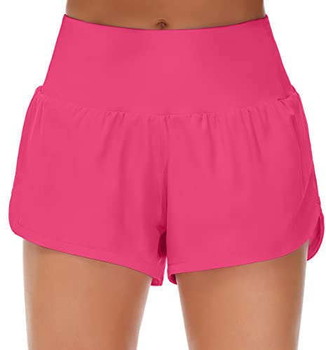 Origiwish Short de Course Taille Haute pour Femme avec Doublure - Séchage Rapide - Poches zippées, Rose Vif, Taille M