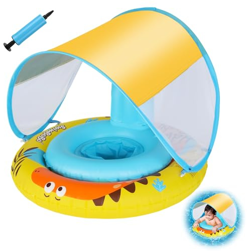 Coikes Bouée Bébé Gonflable bouee pour Bebe Double Airbags Bébé Siège De Piscine avec auvent Amovible de Bouee Bebe Dinosaure Bouée Gonflable pour Enfants Anneau de Natation pour 3-36 Mois (Jaune)