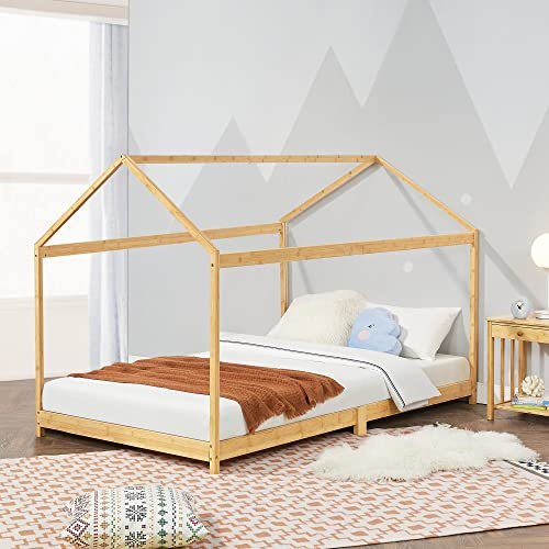 [en.casa] Lit Cabane Massif Lit Enfant en Forme de Maison Robuste avec Sommier à Lattes pour Chambre d'enfant Design Moderne Capacité de Charge 200 kg Bambou 90 x 200 cm Naturel