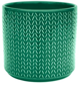 Ivyline Planter in Emerald Ceramic with Chevron Print - Tall Design and Slim Silhouette - Waterproof Indoor Round Flower Pot - H17 x D19 cm