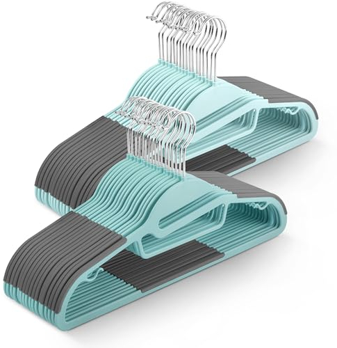 KEPLIN 50-Pack Non-Slip Hangers – Durable, Slimline Design for Space Saving with 360° Swivel, Tie Organiser, Strap Hooks, and S-Shape Opening - Teal (41x22cm)