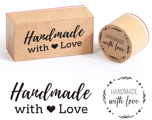 BETESSIN 2Pcs Stempel Holz Handmade with Love Holzstempel Rund Rechteck Handmade Motivstempel Holz Stempelset für Kartenherstellung Geschenkanhänger Scrapbooking