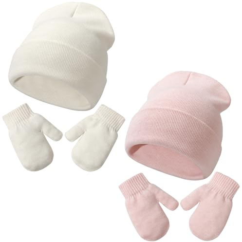 DRESHOW Ensemble Bonnet Beanie et Moufles D'hiver Set pour Bébés et Enfants Ensemble Chapeau et Gants Tricotés Chauds pour 2 Ans - 5 Ans Filles et Garçons