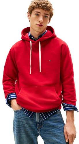 Tommy Hilfiger Men's Medium Weight Solid Fleece Hoodie Sweatshirt, Also Available in Big & Tall, Medium Red, L