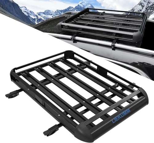 LIEKUMM 127 x 97 cm Dachgepäckträger, 100 kg Tragfähigkeit Aluminium Dachgepäckträger Korb Relingträger, Auto Dachträger Fracht Relingträger Universal Gepäckkorb für Universal SUV, Schwarz