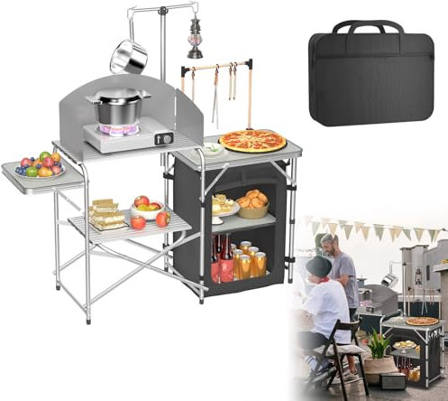 Froadp Faltbare Campingküche mit Campingschrank, Windschutz und verstellbarem Lampenhalter, Campingmöbel und Reiseküche tragbar, inkl. Tragetasche für Camping, Garten, Outdoor und Picknick