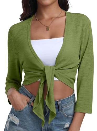 PrinStory Shrugs For Women Tie Front Shrugs Summer Women'S Cardigan Breathable 3/4 Sleeve Top Ladies Open Front Beach Outerwear (Army Green,L)