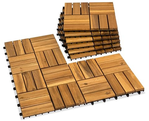 VICTORY RELAX Natural Acacia 12x12 Interlocking Wood Deck Tiles for Balcony, Garden, Patio, Poolside Decor - Waterproof Indoor & Outdoor Flooring - 12 Slats, Round Joints, Pack of 9, Natural Color