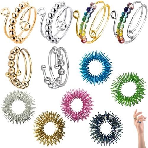 12 stycken fidgetring-set, ångestreducerande ring-set lindrar ångest, skickliga gränsline, justerbar anti-stressring, skillringar för färgglada pärlor, stämningsring, ångeststörning, lugnande (flera