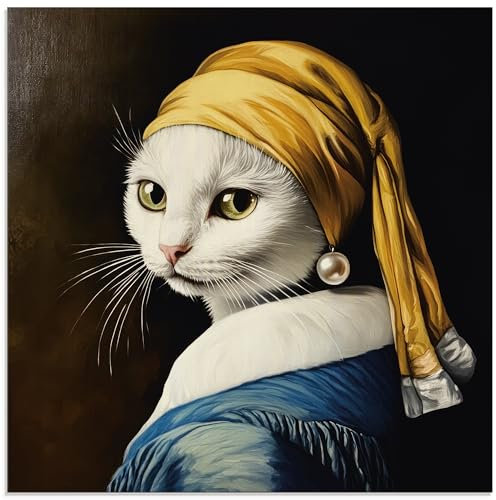 ARTLAND Wanddeko Glasbilder Wandbild Glas Bild 50x50 cm Vermeer Adaption Mädchen Ohrringe Katze mit dem Perlenohrring U5MU